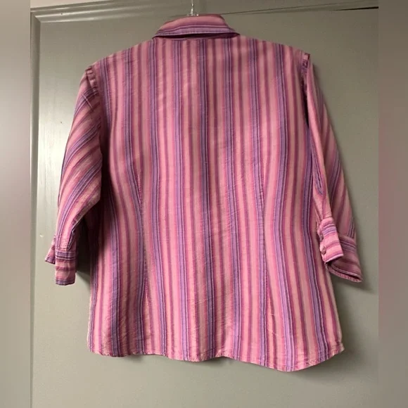 HADI Collection Pink Striped Button Down Shirt with Three Quarter Length Sleeves - Picture 2 of 5